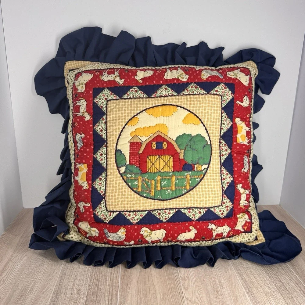 Farmhouse Barn Throw‎ Pillow Quilted Ruffle Edge Country Decor Red Blue